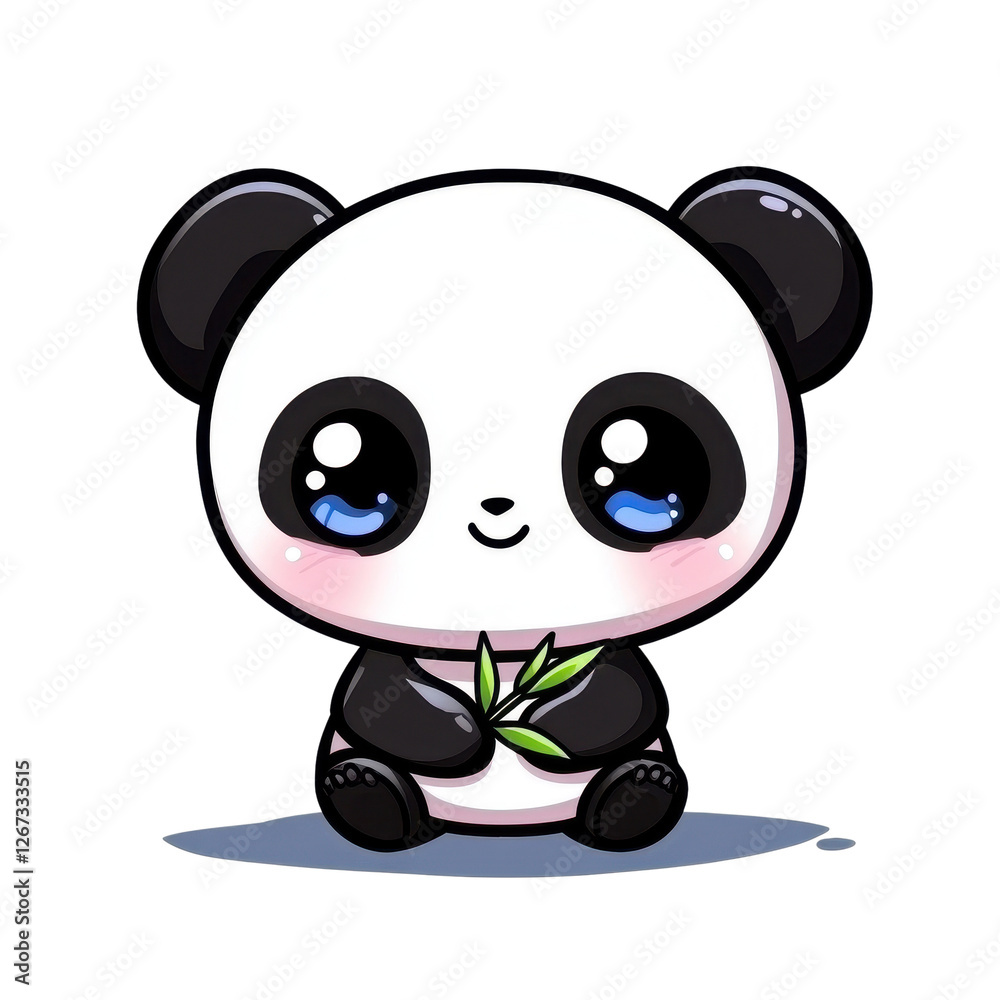 Fototapeta premium Cute Cartoon Panda Holding Bamboo with Adorable Big Eyes