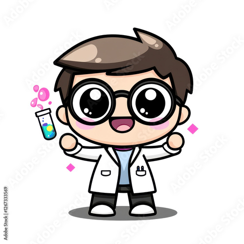 Cartoon Scientist with Glasses Holding a Smartphone and Colorful Icons