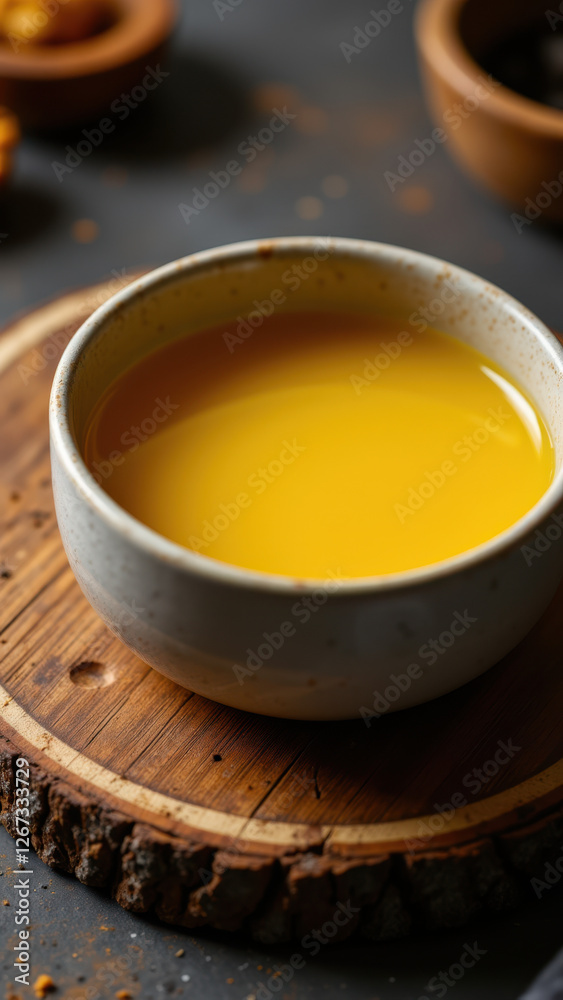 Close-up photo of a small bowl filled with yellow liquid, likely beef tallow, resting on a wooden surface surrounded by other kitchen items. Close-up photo of a small bowl filled with yellow liquid, likely beef tallow, resting on a wooden surface surrounded by other kitchen items.