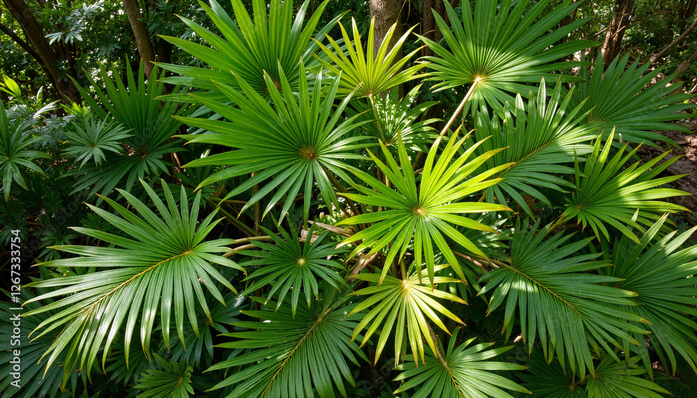 Lush green palm leaves in a tropical jungle Lush green palm leaves in a tropical jungle