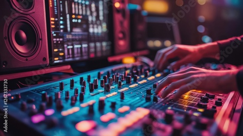 Audio specialist working in a control room, optimizing music tracks with digital tools