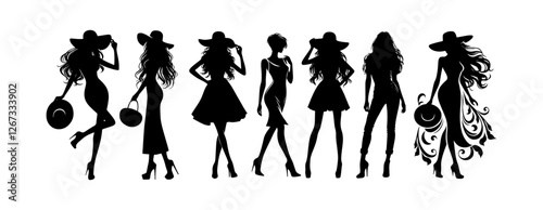 Collection of stylish women silhouettes, elegant and fashionable young females isolated on a white background