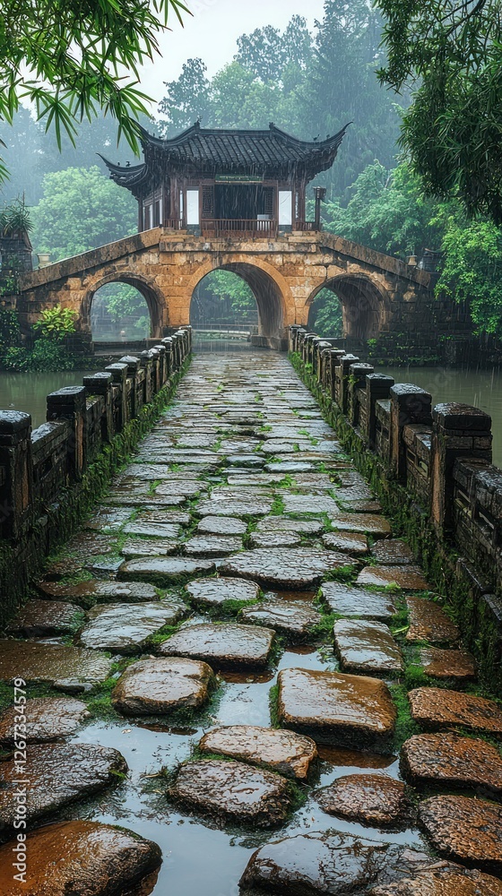 Obraz premium Ancient Stone Bridge Pathway Under Rainy Sky