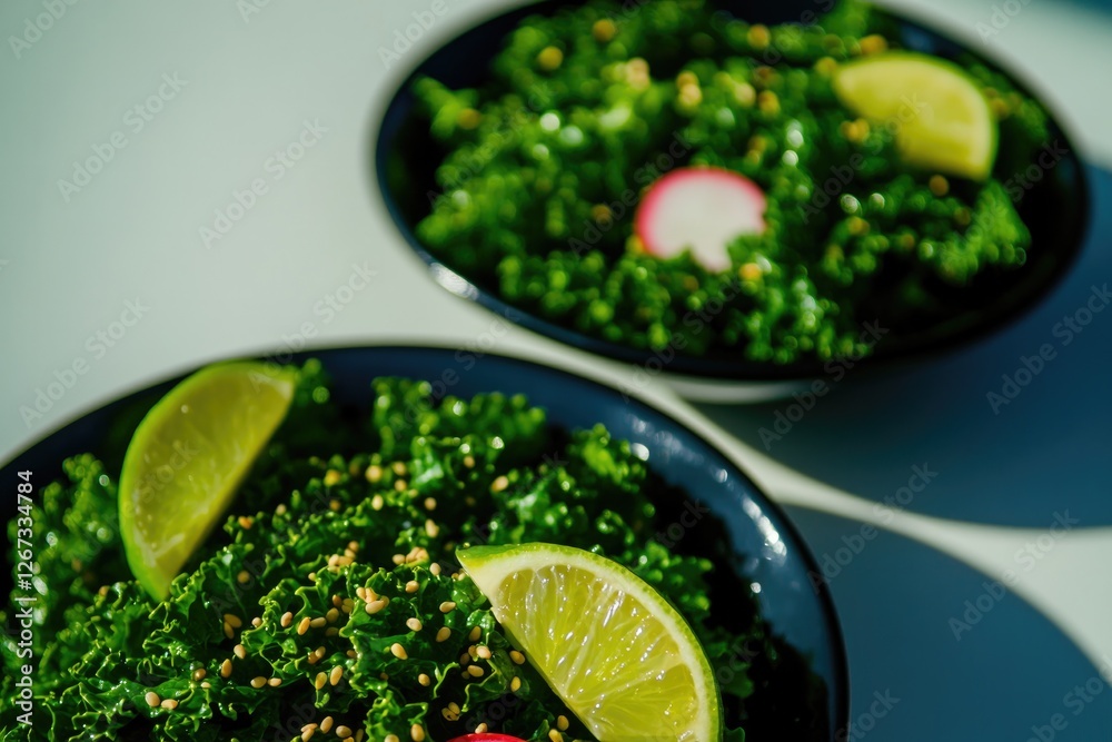 Obraz premium Fresh greens in dark bowls, garnished with lime and radishes, vi