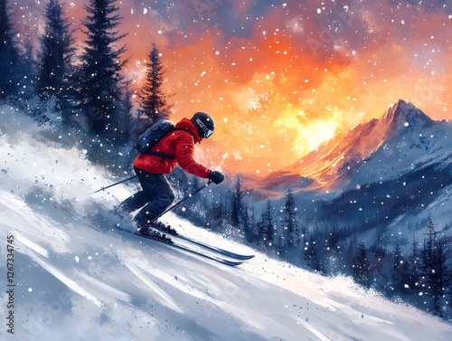 Skier descends snowy mountain sunset photo