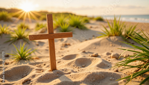Wooden cross on sandy beach at sunset
