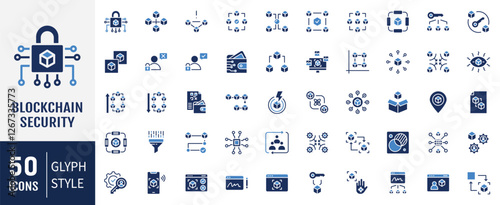 Blockchain security icon set. Containing as cryptography, encryption, decentralization, consensus, hash function and more. Vector illustration