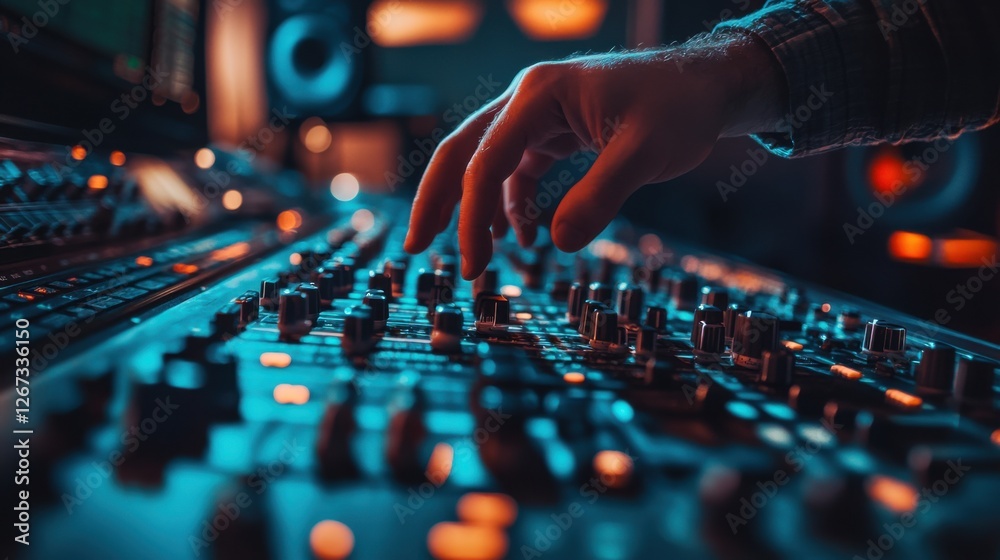 Audio specialist working in a control room, optimizing music tracks with digital tools Audio specialist working in a control room, optimizing music tracks with digital tools
