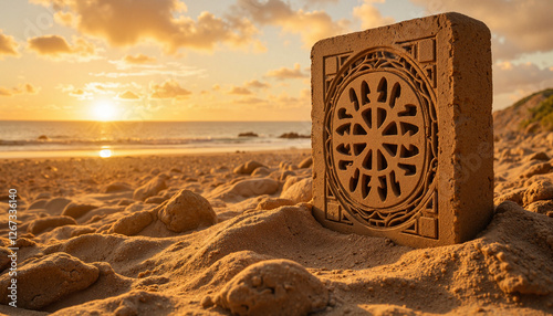 Decorative stone block on sandy beach at sunset