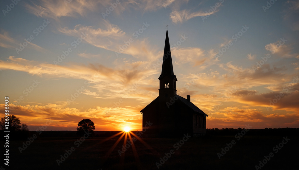 Obraz premium Silhouette of church steeple against sunset sky