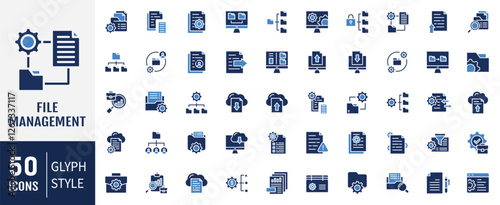 File management flat icon set. Containing as data, folder, login, sync, lock, search icon. Vector illustration