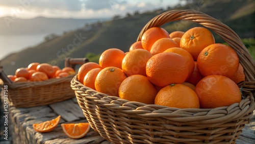 Sun-Kissed Oranges: A vibrant image of juicy oranges overflowing from a rustic wicker basket against a breathtaking backdrop of rolling hills and a golden sunset.  