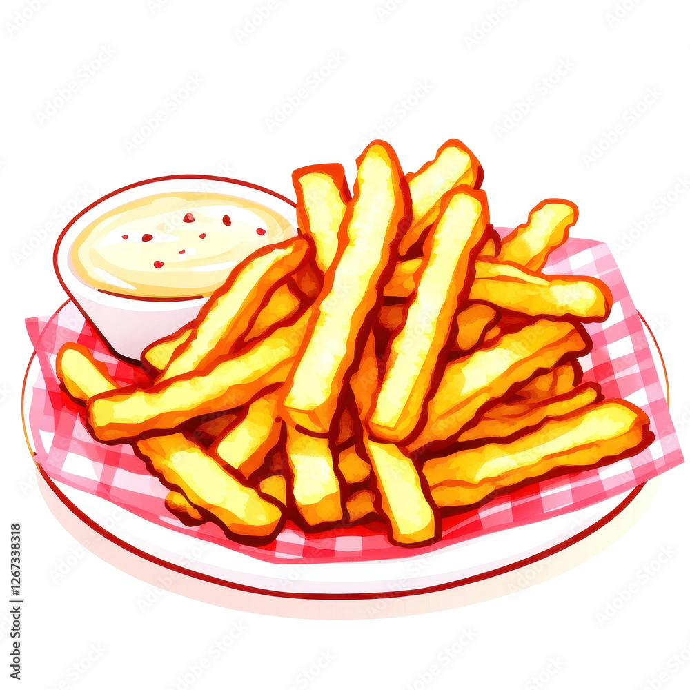 Golden Crispy Fries with Dipping Sauce on Red Checkered Plate Golden Crispy Fries with Dipping Sauce on Red Checkered Plate