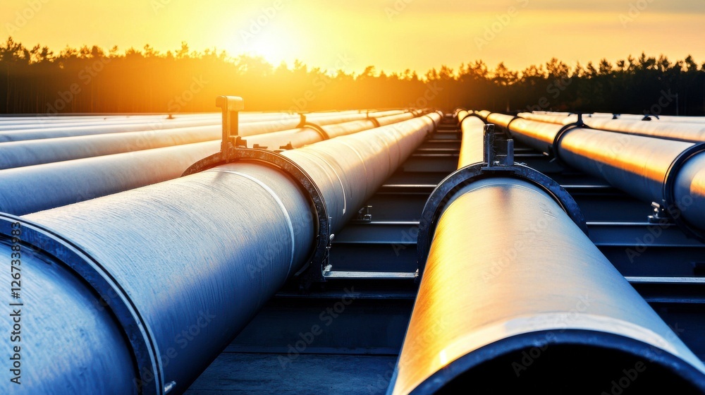 Industrial Metal Pipeline at Sunset, Expansive Landscape Industrial Metal Pipeline at Sunset, Expansive Landscape