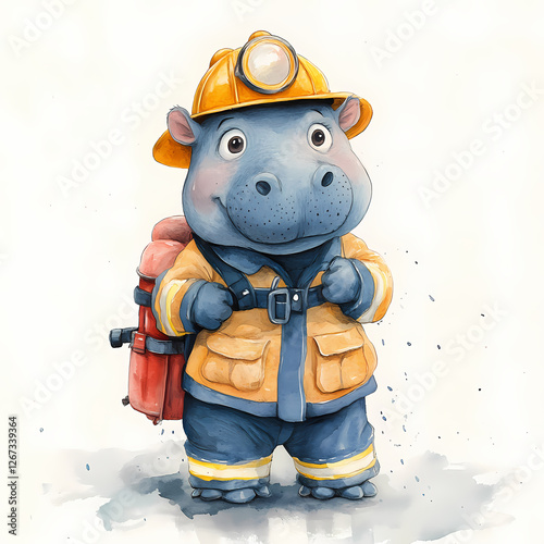 Hippo dressed as a firefighter ready for action in bright uniform. Generative AI