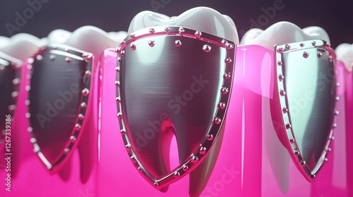 Protected teeth, close-up, dental shield, gums pink background
