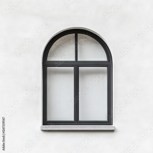 An arched window features four rectangular panes set in a sleek black frame, perfectly complementing the smooth, neutral-colored wall. This design highlights modern architectural aesthetics