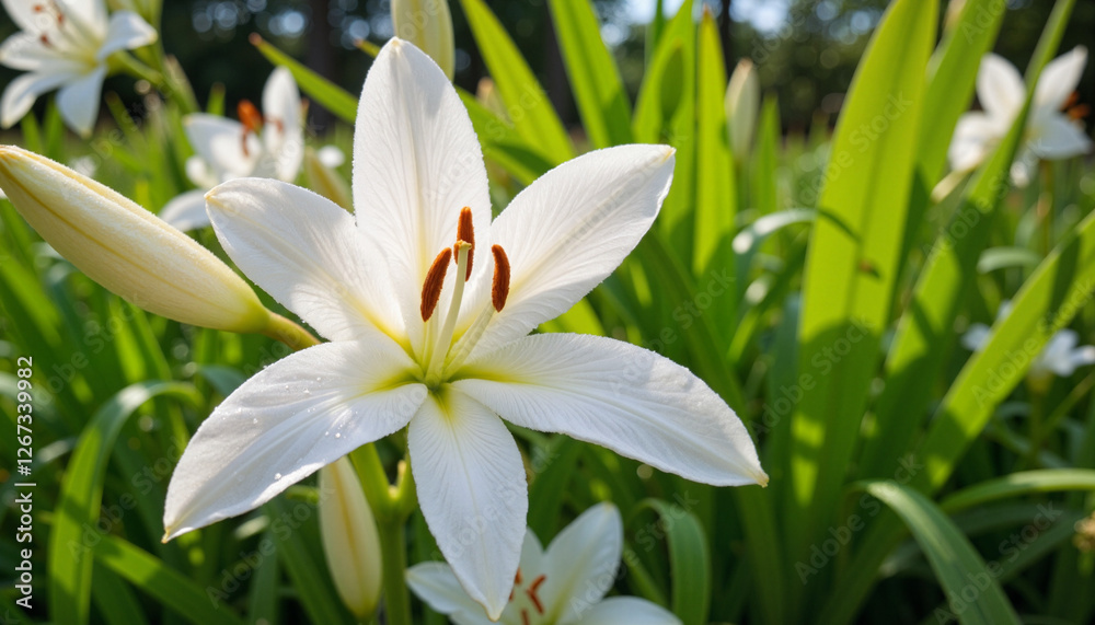 White lily blooming in green garden White lily blooming in green garden