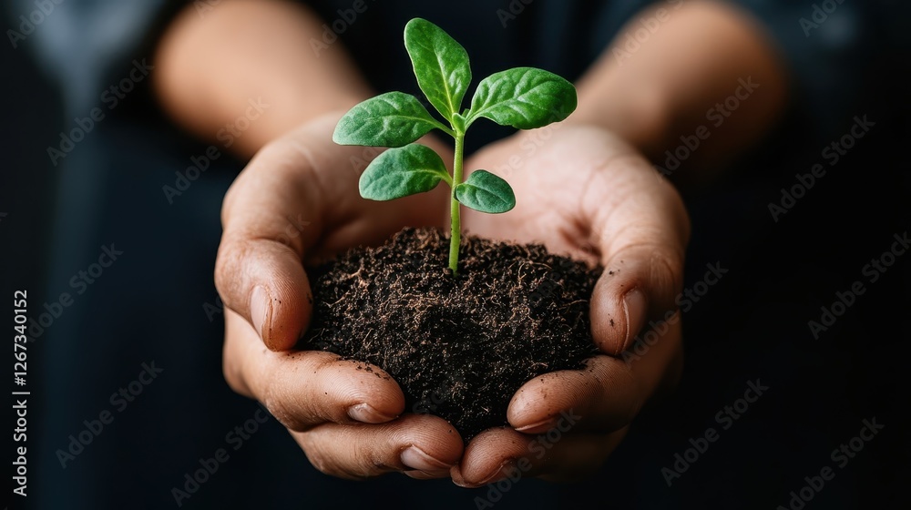A beautifully captured image of hands holding a small green seedling resting in dark soil, symbolizing hope, growth, and the importance of nurturing the earth. A beautifully captured image of hands holding a small green seedling resting in dark soil, symbolizing hope, growth, and the importance of nurturing the earth.