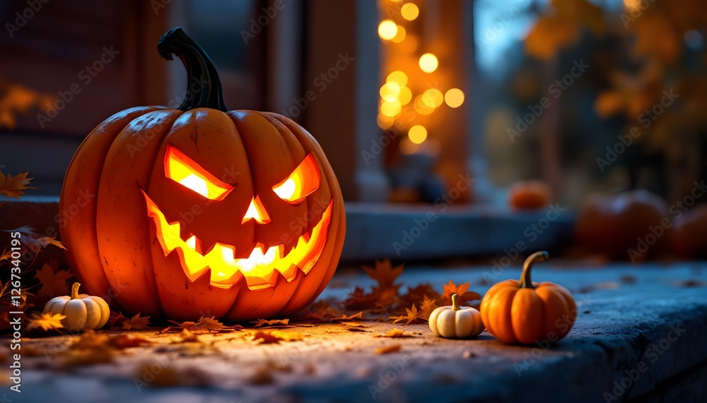 Fototapeta premium Eerie halloween night scene with glowing jack-o'-lanterns and autumn leaves