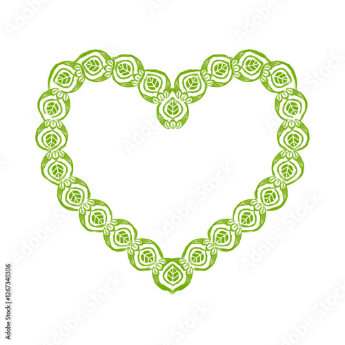 Heart shape pattern frame hand drawn leaves design. environmental theme. for decoration, wallpaper, background, invitation card, fabric, tile. heart border.