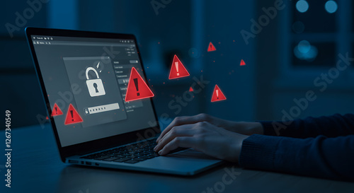 Cybersecurity Threat: Laptop Under Attack, Data Breach Warning Signs, Password Security Failure, Online Safety Alerts