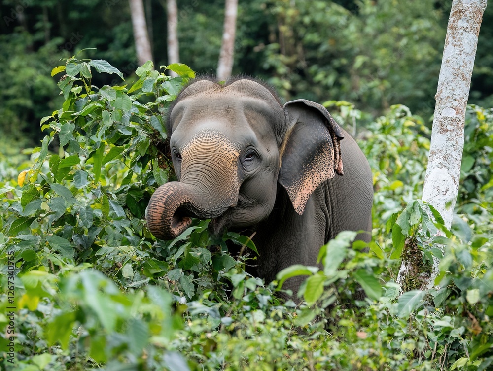 Photo of a young elephant between green leaves in the forest