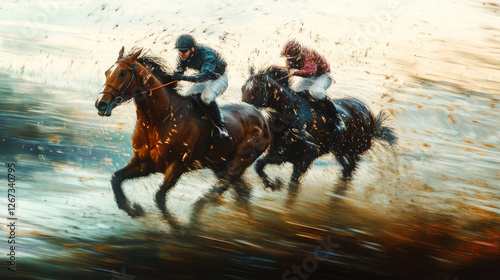 A thrilling moment in a course hippique with horses and jockeys competing in a race. AI generative photo