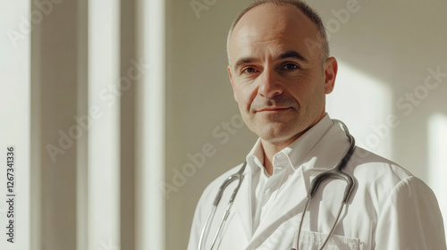 A successful and respectable doctor in a white uniform stands confidently radiating professionalism and expertise in a healthcare setting. AI generative photo