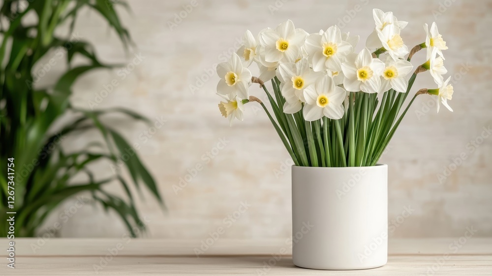 An elegant display of daffodils in a minimalistic white vase against a neutral background, reflecting a modern aesthetic and the beauty of simplicity. An elegant display of daffodils in a minimalistic white vase against a neutral background, reflecting a modern aesthetic and the beauty of simplicity.