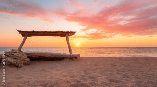 A breathtaking sunset casts vibrant colors over the ocean, viewed from a rustic beach setting, evoking a sense of peace and connection with nature's beauty. photo