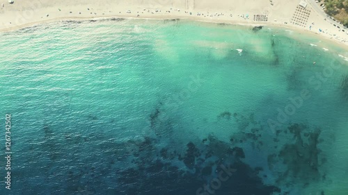 Aerial top shot of beautiful beach with turquoise water in Greece
