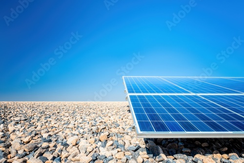 Vast Solar Panel Fields Stretching Against Clear Blue Sky in Rural Landscape