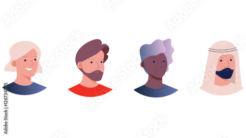 Diverse multinational adult people profile head characters vector illustration