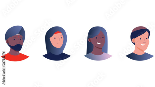 Diverse multinational adult people profile head characters vector illustration