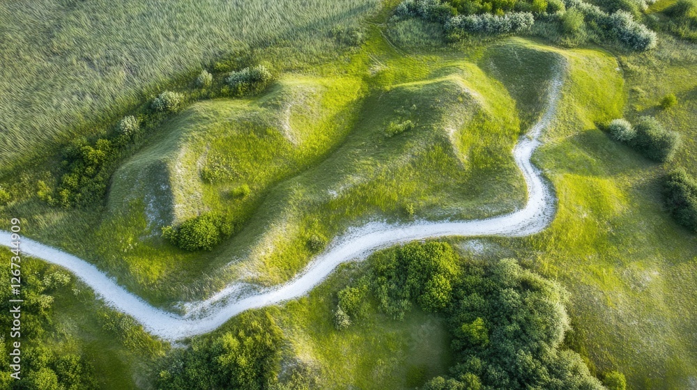 Aerial view of serpentine path on lush green hills with vegetation Aerial view of serpentine path on lush green hills with vegetation