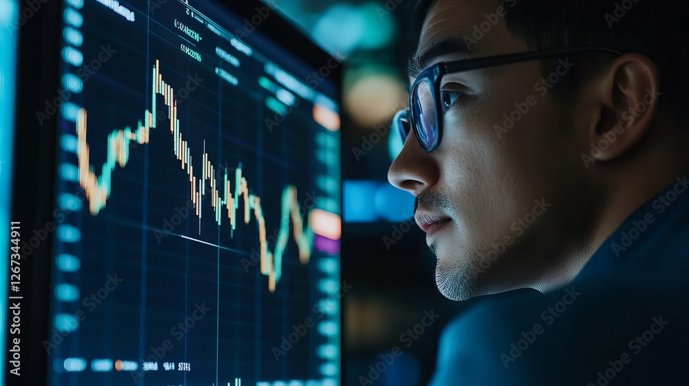 Focused Man Analyzing Stock Market Data on Computer Screen Businessman Studying Financial Charts Investment Professional Reviewing Economic Trends Focused Man Analyzing Stock Market Data on Computer Screen Businessman Studying Financial Charts Investment Professional Reviewing Economic Trends