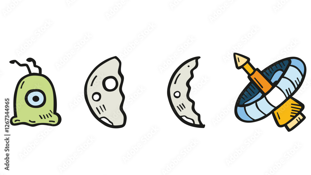 Obraz premium Galactic and solar system, space hand-drawn planets and elements vector illustration