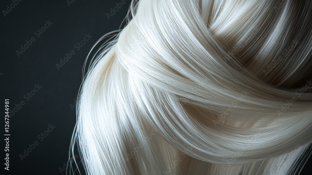 Naklejka premium A close-up of platinum blonde hair strands, gracefully draped in an S-curve against a matte charcoal background
