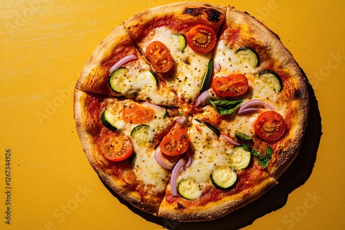 Delicious pizza topped with fresh vegetables and cheese on vibra