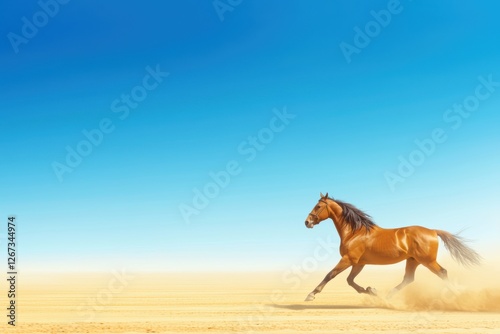 Powerful Horse Running Across Desert With Dust Clouds Against Blue Sky