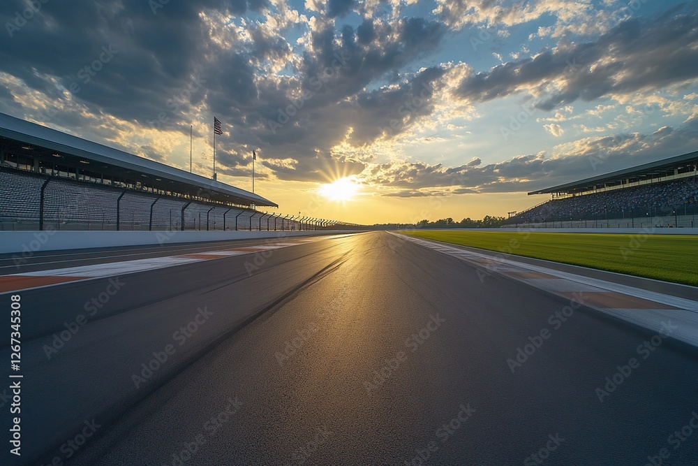 Race Track Sunset: Asphalt, Curves, Speed, Thrills, Grandstands, Golden Hour, Clouds, Sky, Racing, Track Race Track Sunset: Asphalt, Curves, Speed, Thrills, Grandstands, Golden Hour, Clouds, Sky, Racing, Track