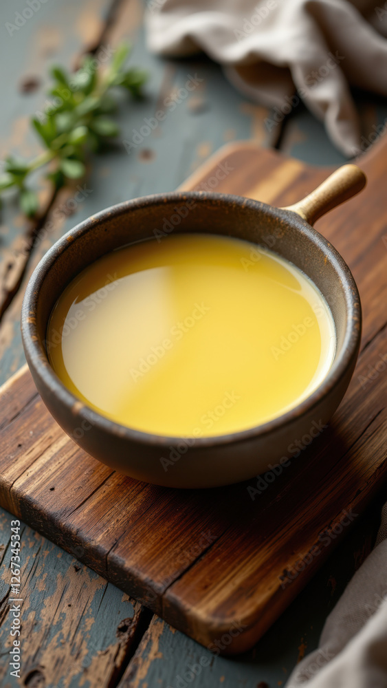 A small bowl filled with golden yellow liquid, possibly rendered fat or tallow, placed on a rustic wooden cutting board. A small bowl filled with golden yellow liquid, possibly rendered fat or tallow, placed on a rustic wooden cutting board.