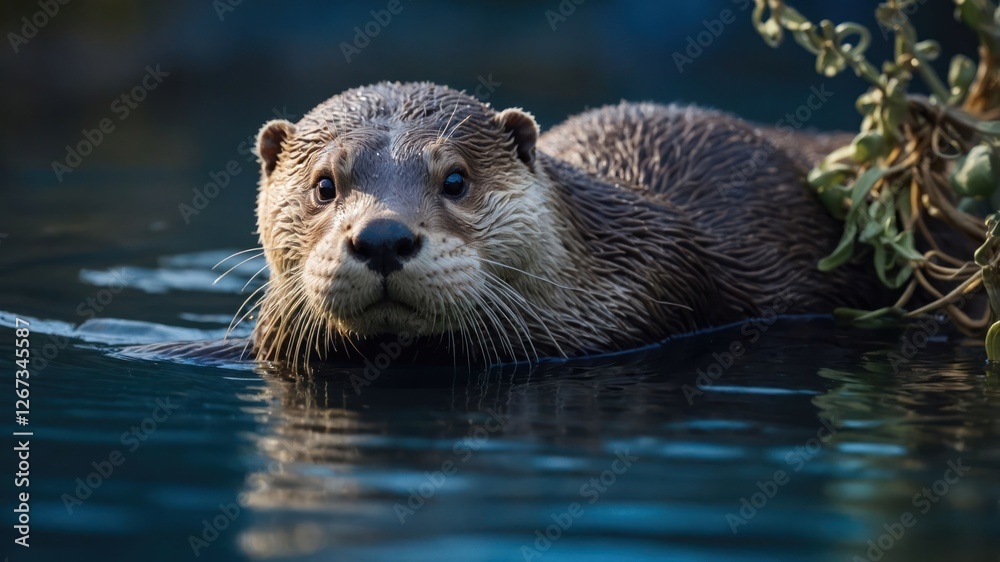 A close-up of an otter swimming in a serene water environment. A close-up of an otter swimming in a serene water environment.