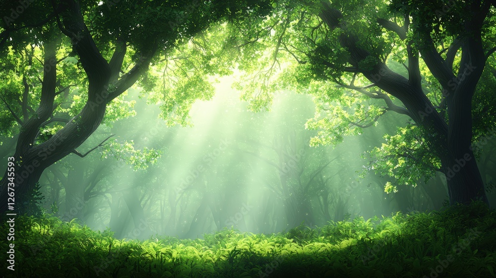 Naklejka premium A serene forest scene with beams of sunlight filtering through lush green trees, creating a tranquil and inviting atmosphere.