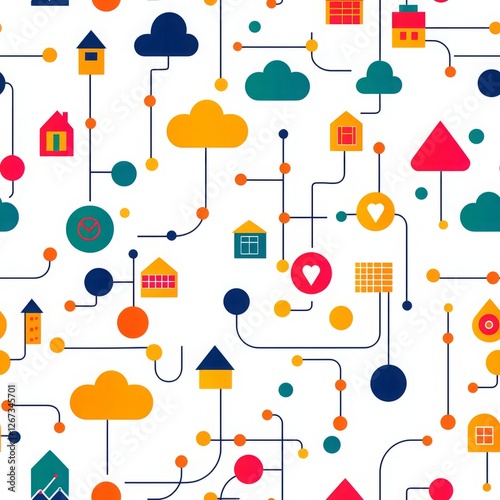 Corporate Management Globalization. A vibrant, abstract pattern featuring colorful houses, clouds, and geometric shapes interconnected by lines on a white background.