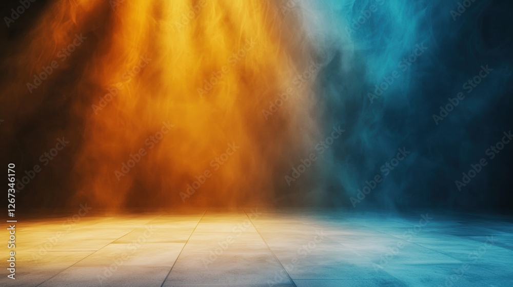 A vibrant scene with beams of orange and blue light illuminating a textured surface, creating a dramatic atmosphere. A vibrant scene with beams of orange and blue light illuminating a textured surface, creating a dramatic atmosphere.