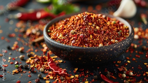 Fototapeta Naklejka Na Ścianę i Meble -  Chili Powder: A spicy blend of ground dried chili peppers and various spices, used to add heat and bold flavor to dishes like soups, stews, and tacos.
