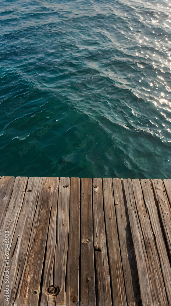 Wooden Dock Over Teal Water: Tranquil view of a weathered wooden dock extending over calm teal water, offering a sense of serenity and escape. Wooden Dock Over Teal Water: Tranquil view of a weathered wooden dock extending over calm teal water, offering a sense of serenity and escape.