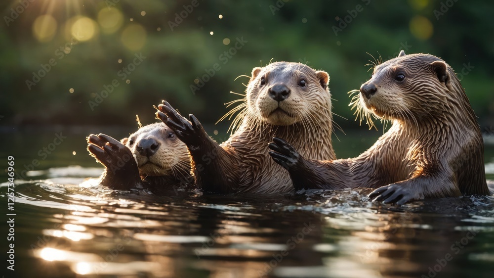 Three playful otters swimming together in a sunlit water setting. Three playful otters swimming together in a sunlit water setting.